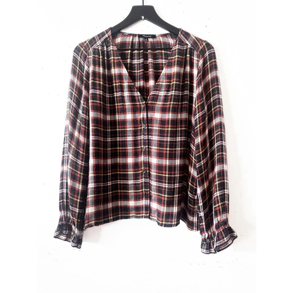 Madewell Tops - Madewell Ruffle Cuff Plaid Button Blouse Brown Rust Black Size M